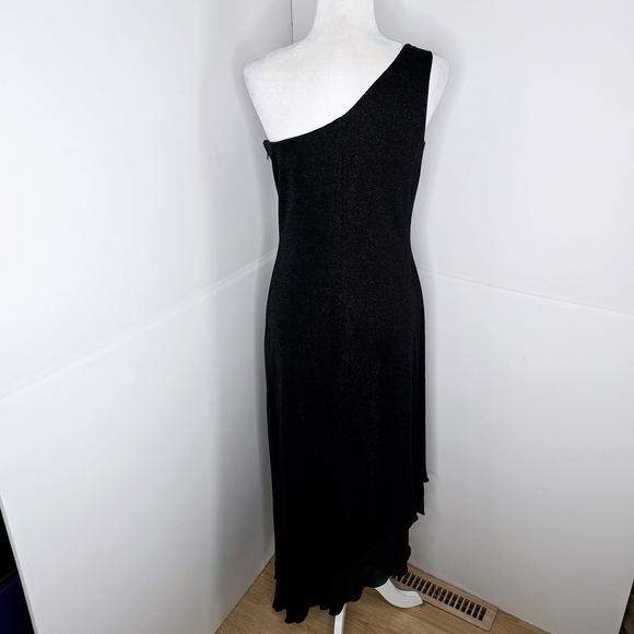 🎄 Arianna by Rachel Kaye EUC One Shoulder shimmery Dress 12 Black slant hem - Picture 3 of 16
